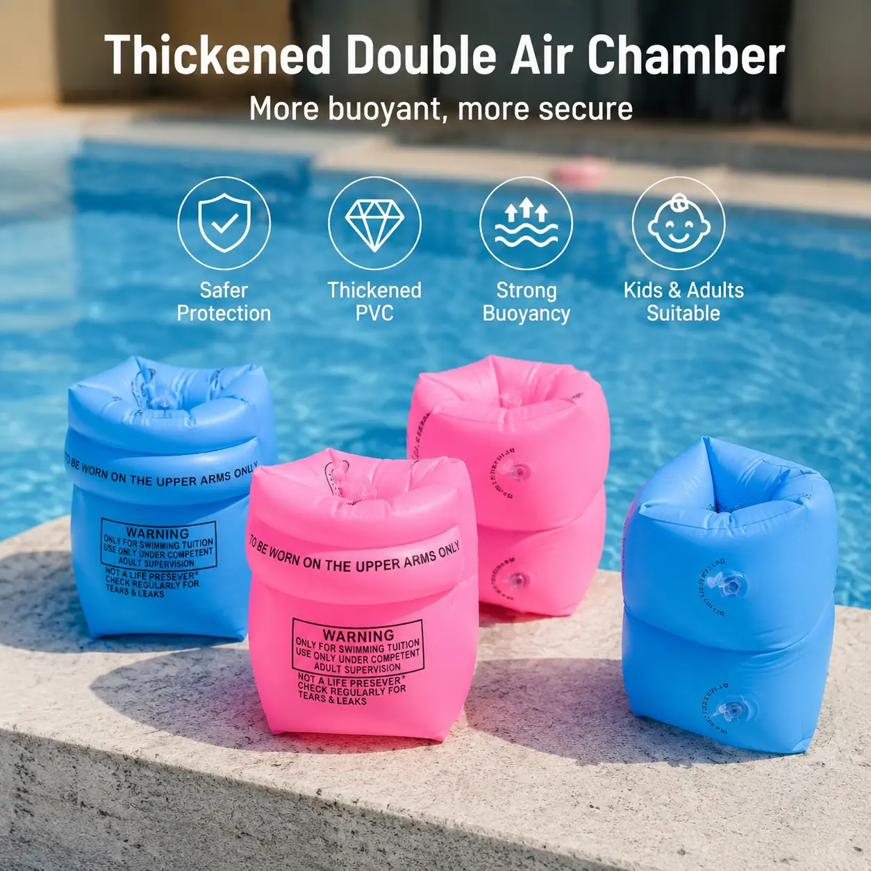 1 Pair Inflatable Swim Arm Bands, Double Air Chamber Thickened PVC Floating Sleeves for Swimming Pool Water Activities