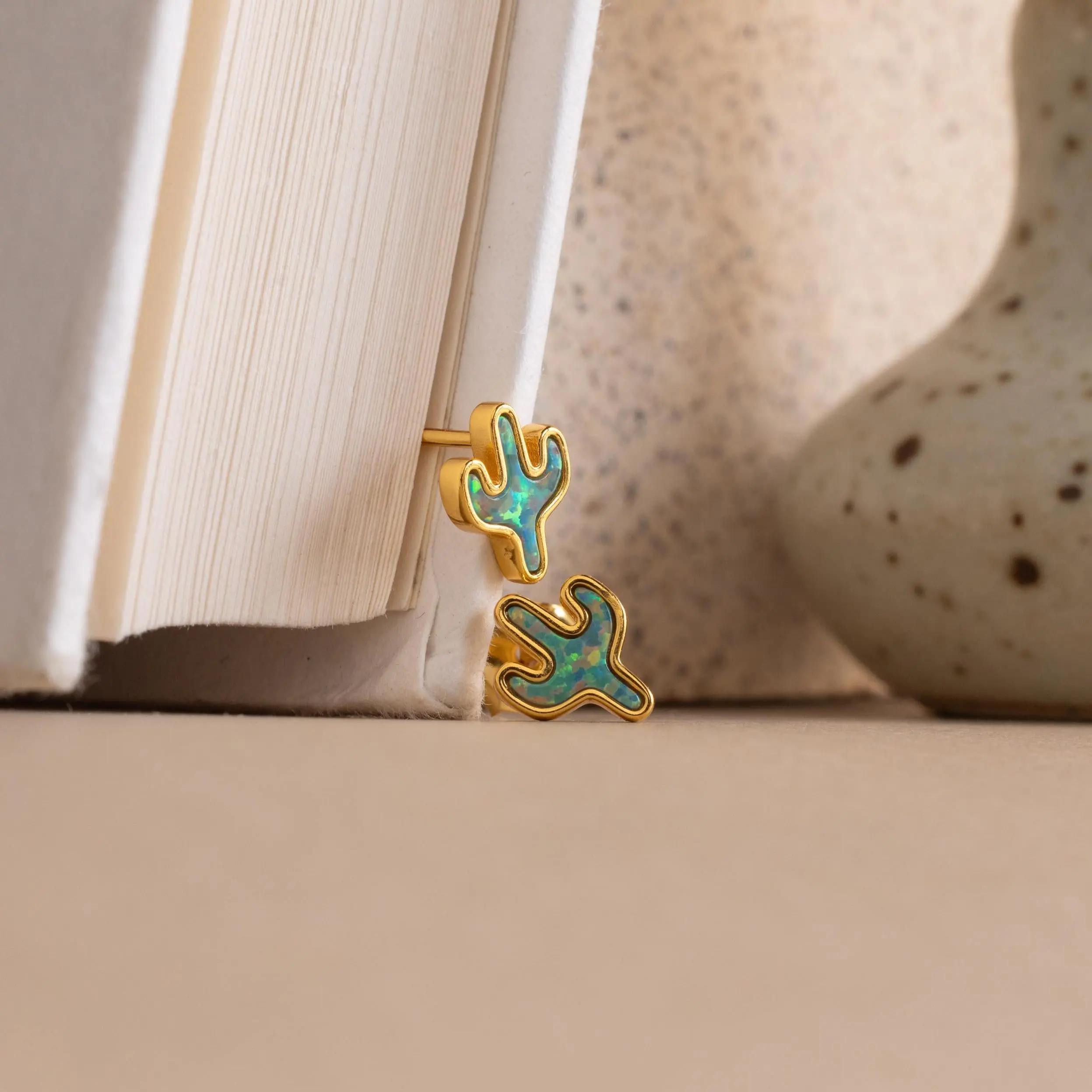 Opal Cactus Studs by Caitlyn Minimalist - Desert Style Boho Earrings - Green Gemstone Earrings - Nature Jewelry - Sister Gift