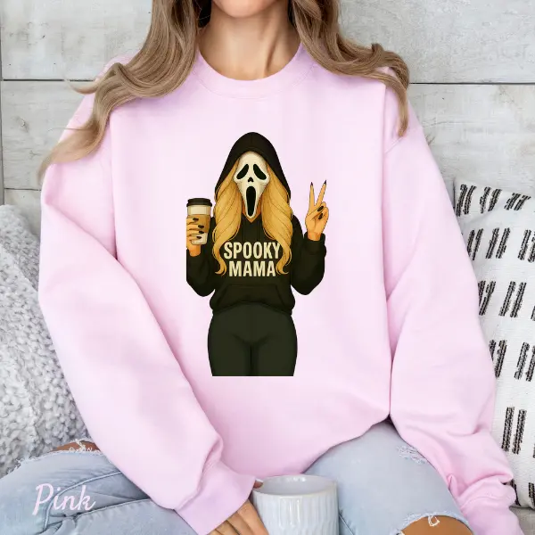 Spooky Mama Horror Graphic Sweatshirt Pink Long Sleeve Fitted Crew Neck Halloween Ghostface Coffee Tee for Moms