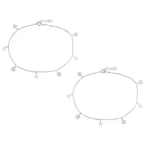 JTV Sterling Silver Star Charm Anklet Set of 2