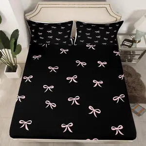 Girlish Pink Bow Fitted Sheet Lovely Hand Drawn Bedding Set Bedroom Decor Geometric Bowknot Bed Cover Princess Style Bed Sheet,No Top Sheet