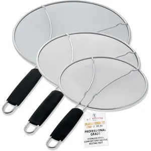 Kitchen supply 3-piece stainless steel splatter guard set (13", 11.5", 9.5") fine mesh cover, grease & oil, splatter screen For Frying pan,Cooking pot with resting feet & comfort grip handles