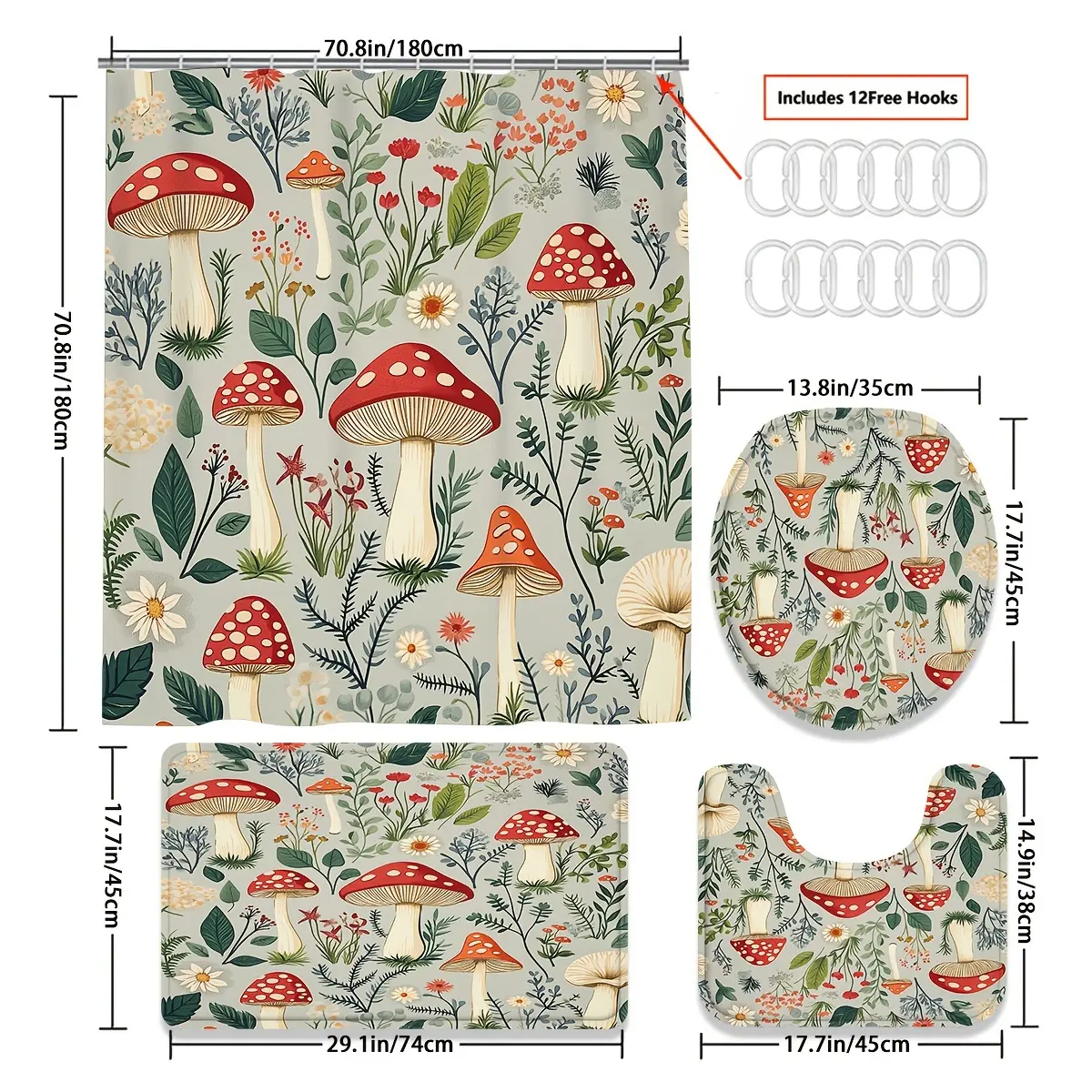 1/4pcs Botanical Mushroom Pattern Decorative Shower Curtain Set, Polyester Washable Shower Curtain, Contains 12 Hooks, Toilet Seat And Non-Slip Carpet Toilet Cover, Perfect Bathroom Accessories