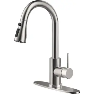 Single Handle High Arc Brushed Nickel Pull Out Kitchen Faucet, Single Level Stainless Steel Kitchen Sink Faucet with Pull Down Sprayer and 10 Inch Deck (Brushed Nickel)