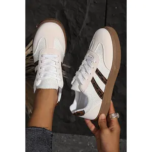 White Textured Woven PU Leather Leopard Patchwork Flat Sneakers