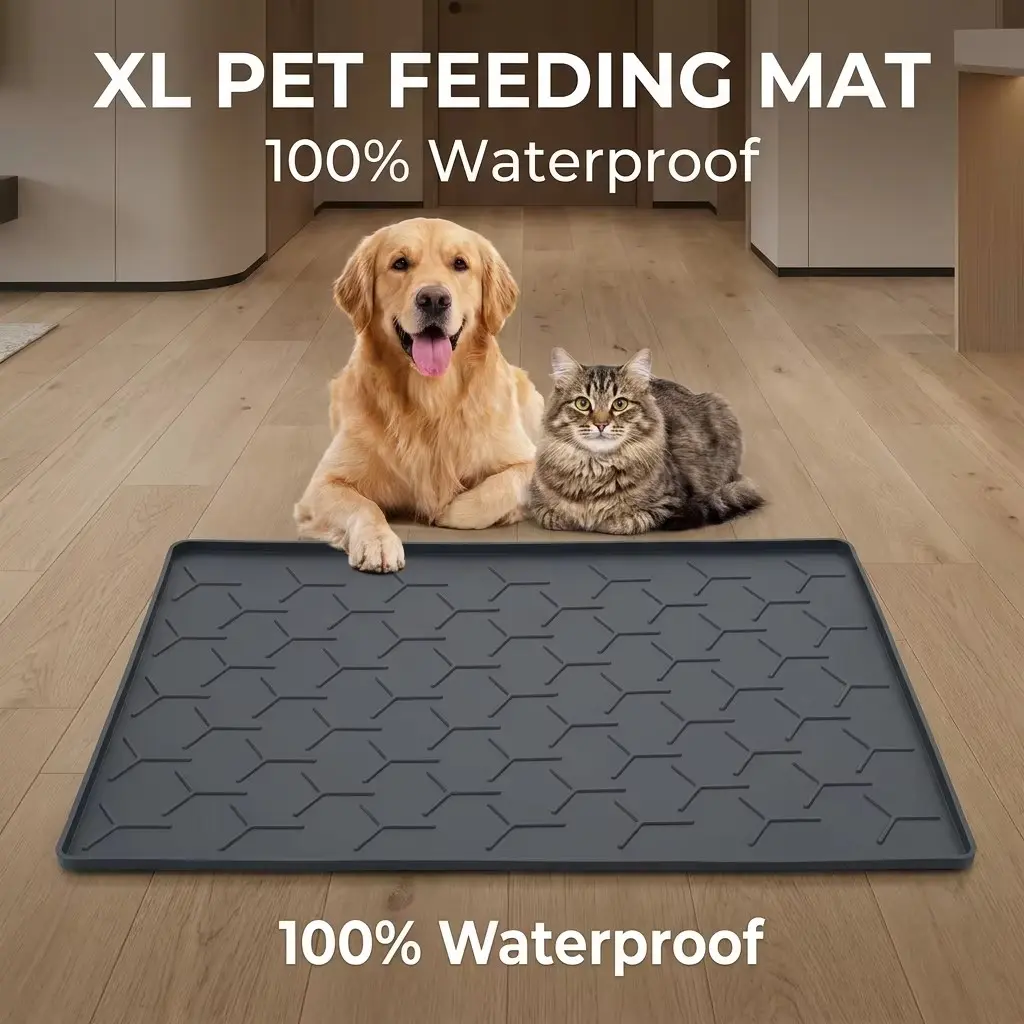 Large Pet Feeding Mat for Cats and Dogs, Food Grade Silicone Waterproof Non-Slip Bowl Pad, Overflow Edge, Leak-Proof, 1 Piece