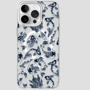 Hollowed-out blue koi fish pattern magnetic phone case, compatible with iPhone 11 to 17 Pro Max and Samsung Galaxy S25, S24, S23. Supports wireless charging.  Perfect as a birthday gift, Valentine's Day gift, or couple's gift.