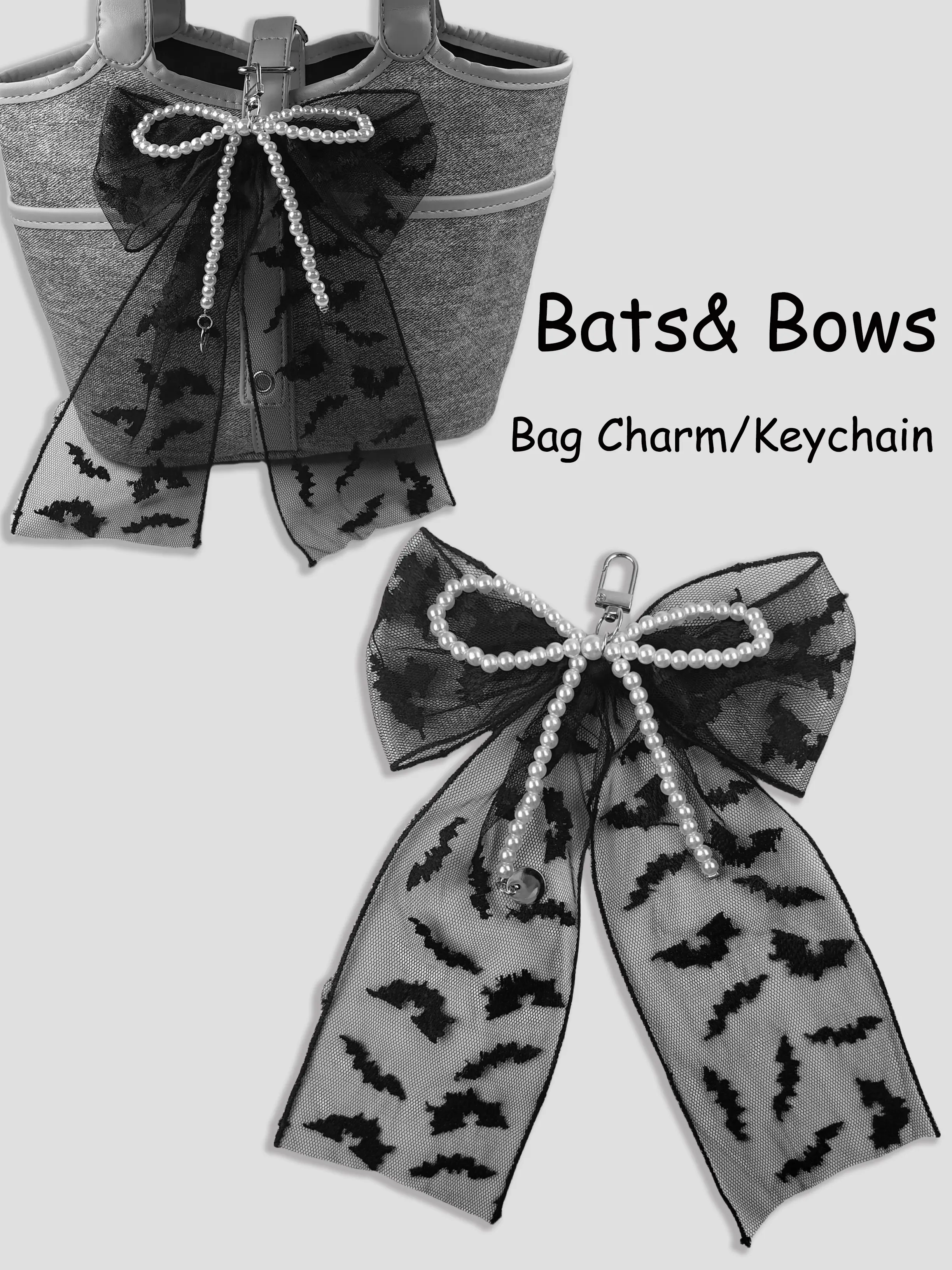 A Gothic-style bag charm featuring a bat pattern, lace material,&pearl bowknot, with a decorative keychain attached to the bag, Bag Decoration, Fashion bag charms for handbags, Animal Bag Charm, Bag Accessories Charms