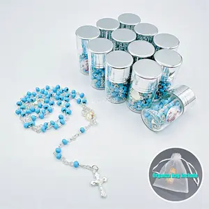 LUOKASI 4/12pcs Baby Shower Gifts for Guests Blue Wooden Beads Rosary in Silver Cap Glass Jar Recuerdos De Bautizo Quinceanera Wooden Beaded Christening Quinceanera Holy Communion Gifts