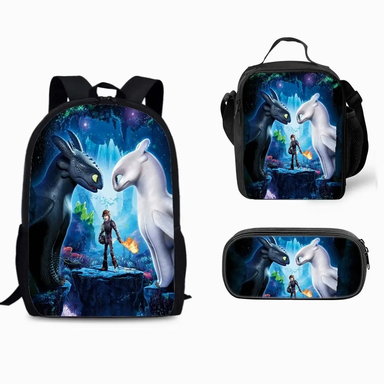 Night Flying Dragon Trainer School Bag Set | 3Pcs Laptop Backpack Lunch Tote Pencil Pouch | Fun Student Gift Box