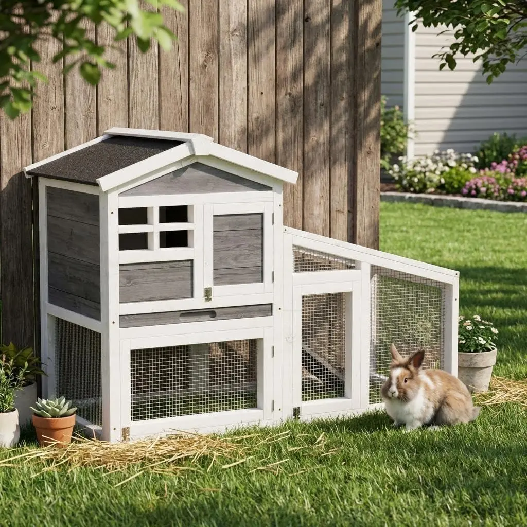 GARVEE 54" Grey Rabbit Hutch, 2-Tier Wooden Bunny Cage with Non-Slip Ramp & Removable Tray, Indoor/Outdoor Bunny Cage with Weatherproof Asphalt Roof for Rabbits, Guinea Pigs, Chickens