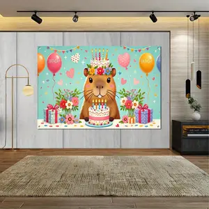 1pc 2D Flat Playful Capybara Birthday Party Backdrop - Durable Polyester, Cute Capybara Theme with Balloons & Flowers, Perfect for Bedroom, Living Room Decor, Photo Ops, and Celebrations, Birthd Banners White