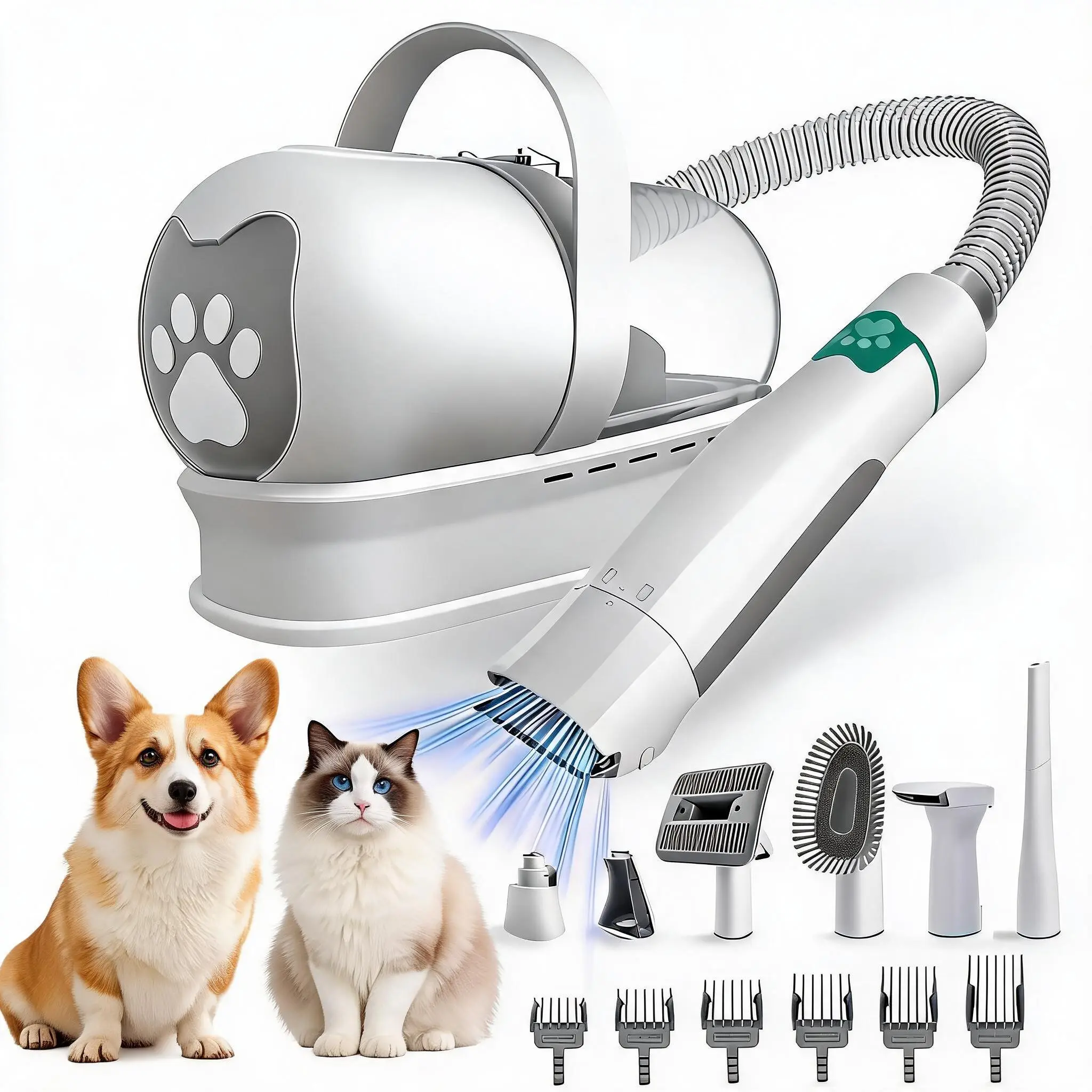 All-in-One Pet Grooming Vacuum & Clipper Kit - 7-Piece Hair and Nail Care Collection for Dogs & Cats, Anti-Shedding Tangle-Free System