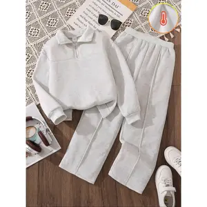 Girls’ 2-Piece Fleece-Lined Solid Color Casual Set, Zip-Up Long-Sleeve Sweatshirt with Elastic-Waist Pants, Warm and Comfortable Winter Set
