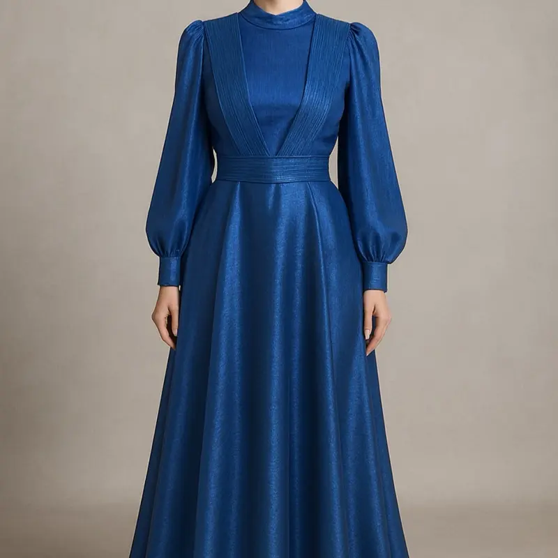 Modest Hijabi Friendly Sapphire Blue Organza Chiffon Maxi Dress with Full Sleeves and Belt for Women Womenswear