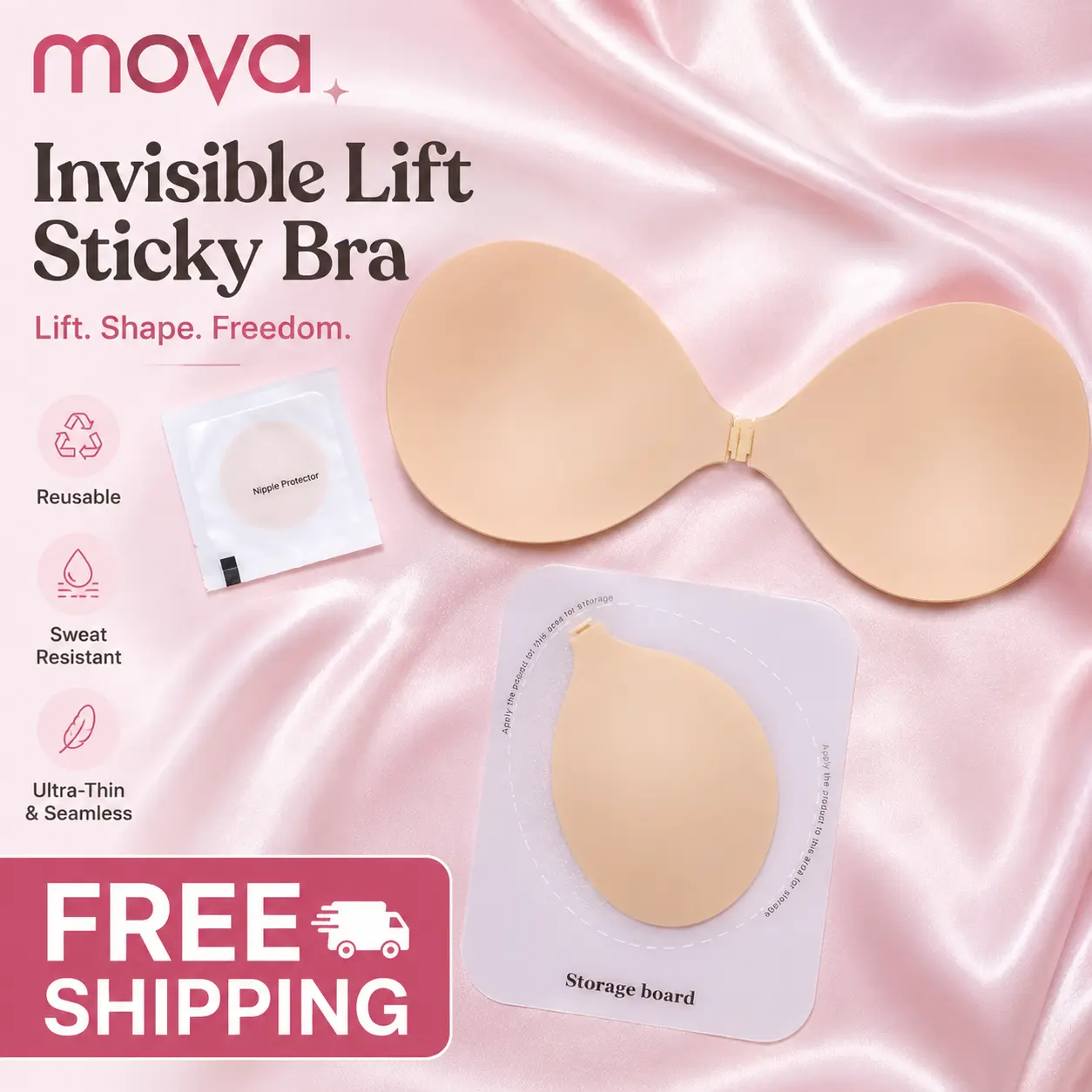 MOVA Fabric Sticky bra, Strapless Push-up bra Seamless Backless Sweat proof glue Ligher fabric adhesive Cleavage Bra Invisible Bra for Date night Party Wedding dress SummerVibe Womenswear Women