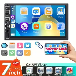 7-Inch HD Touch Screen Car Stereo Radio - 2 Din MP5 Multimedia Player Support Mirror Link B-T Touch Screen IR Remote Controller with FM/USB/AUX, RC, SD Function and Mirror Link, Without Battery