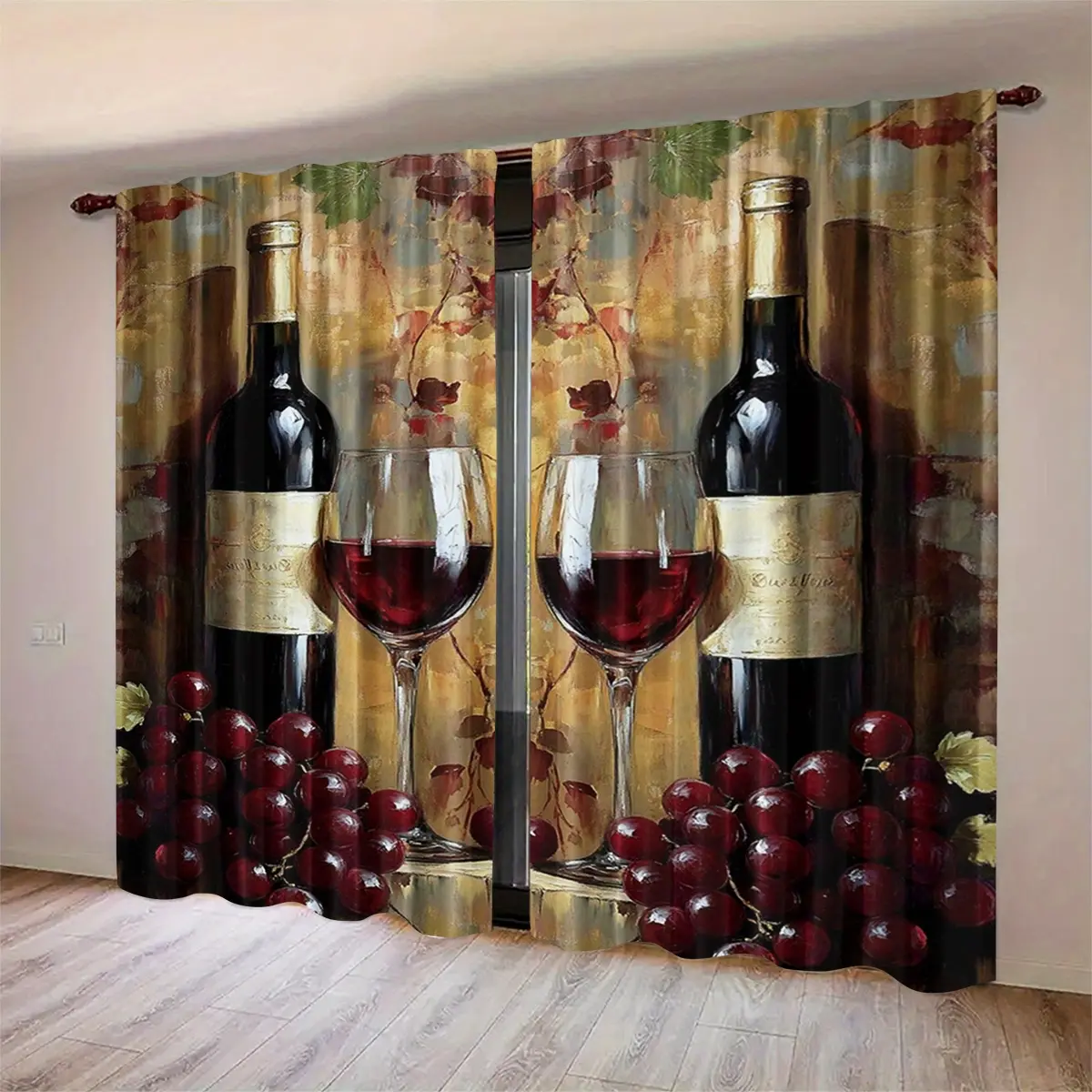 2pcs High-Definition Digital Print Wine Pattern Curtains, Polyester Material, Semi-Transparent Privacy Protection, Washable, Bedroom and Living Room Decor, Window Curtain, Home Decoration Curtain, Home Decorative Curtain