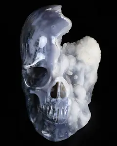 Nice 4.5" Green Moss Agate Geode Carved Crystal Skull Sculpture, Crystal Healing