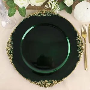 6-Pack Acrylic Charger Plates 13" Round Hunter Emerald Green with Gold Embossed Baroque Rim - Antique Decorative Dinner Tableware