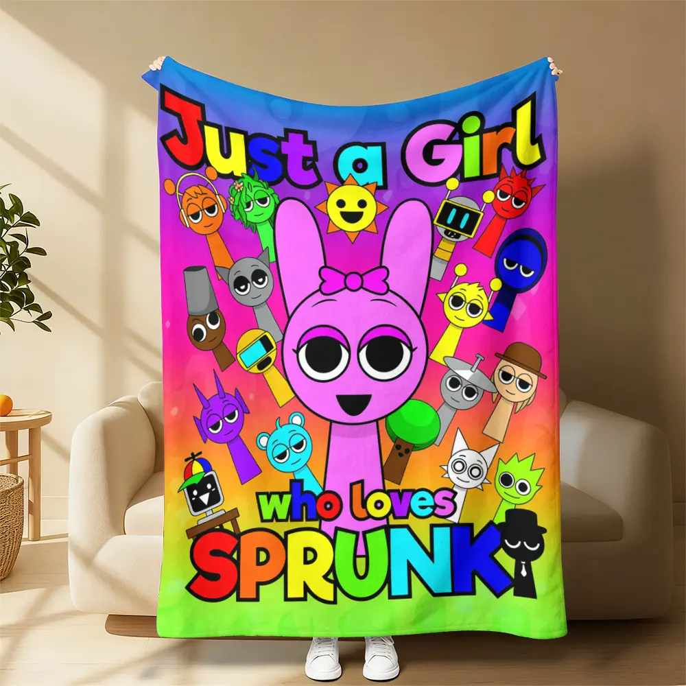 Sprunki Game Theme Flannel Throw Blanket, Soft Funny Cartoon Print with Personalized "Just A Girl Who Loves Games" Text, Contemporary Look, Suitable for Bed or Sofa, Ideal Gift for Fans, Personalized Text, Personalized Blankets, Character Graphic Blankets
