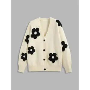 Women’s Floral Print Button Front Cardigan, Casual Drop Shoulder Long Sleeve V Neck Cardigan, Women’s Knitwear for Fall & Winter