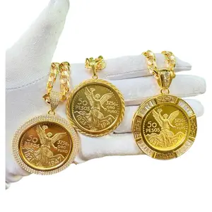 Mexican Centenary Necklace 14K Gold-Plated Replica with Angel Coin Charms and 50 Peso Jewelry Fashion Pendants Inspired by 1947 Coin