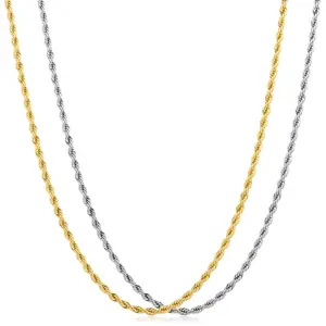XXKOTWA 2pcs rope chains for men Stainless Steel Gold Plated Rope Chains 2-8mm Twist Rope Necklace 14-35 Inch for Mens Women Jewelry Gift