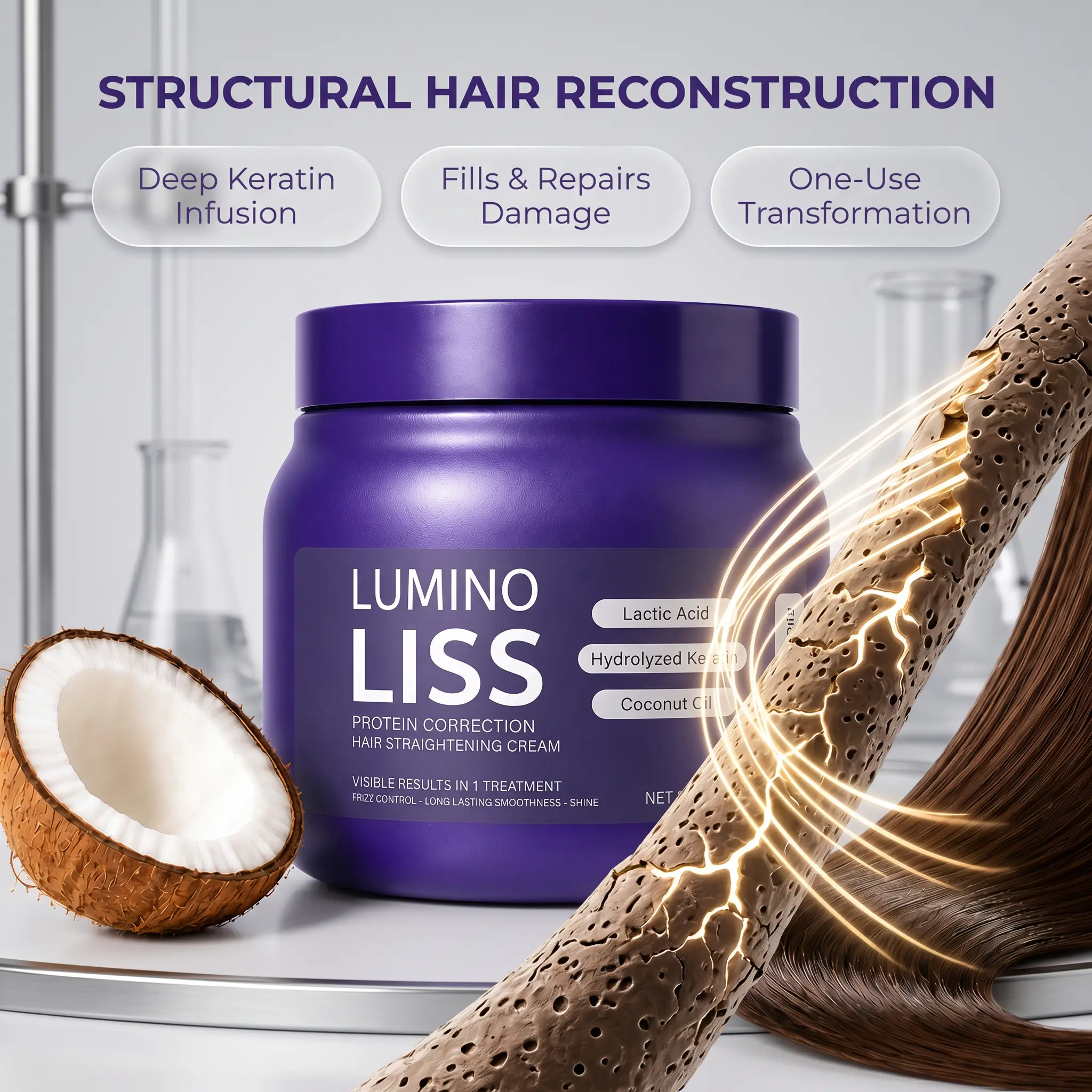 HOEGOA Lumino Liss Keratin Hair Cream 250g, Formaldehyde-Free Protein Smoothing Treatment with Hydrolyzed Keratin, Lactic Acid & Coconut Oil for Frizz Control, Softness, Shine and All Hair Types