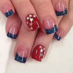 Handmade Short Square Nude Blue Glitter French Nail Art, American Flag Elements, Silver Stars & Blue Powder Decorations, French Tips Nails, Nail Art Diy