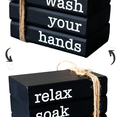 Farmhouse Mini Book Stack for Bathroom Decor - 2 Signs in 1 Reversible Wooden Mini Books for Restroom Shelving