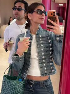 Women Vintage Denim Jacket Button Up Cropped Jean Coat Women's Long Sleeve Tops Female Stand Collar Jackets Street Style Casual Blue Denim Outerwear Fashion Spring Jacket For Women