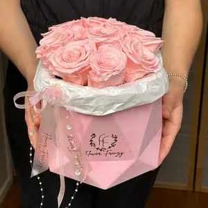 Eternal pink roses in diamond shape pink box
