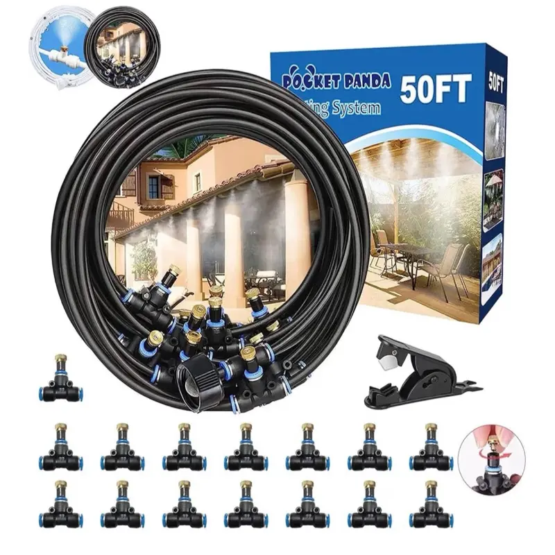 Misters for Outside Patio, 50FT|15M Outdoor Water Misting Cooling System. Backyard Mist Kit for Garden Greenhouse Fan Deck Umbrella Canopy Pool Porch Trampoline Sprinkler Park BBQ Party Accessories