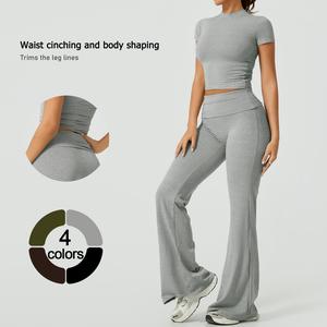 TIMEOFF Women's 2-Piece Matching Sets for Women - Short-Sleeve Crop Top & High-Waist Flared Leggings Sweat Suit, Waist-Cinching, Body-Shaping, Leg Line-Trimming, Flexible Fit for Yoga, Gym