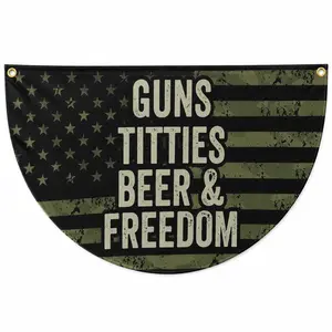 Guns Titties Beer & Freedom Semicircular Flag, Camo Patriotic Adult Humor Porch Banner, USA Freedom Outdoor Fence Railing Party Decor, We provide 2 grommet holes for this product.