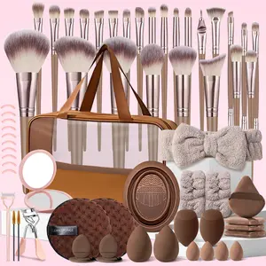 63-Piece High-Quality Brown Makeup Tools Set, Makeup Kit, Brown Make up Brushes with Portable Cosmetic Bag, Blending Sponges, Makeup Puffs, Makeup Mirror, Cleaning Tools, Cleaning Sponge, Headband & Wristbands, Eye Makeup Accessories, Perfect for Gifting