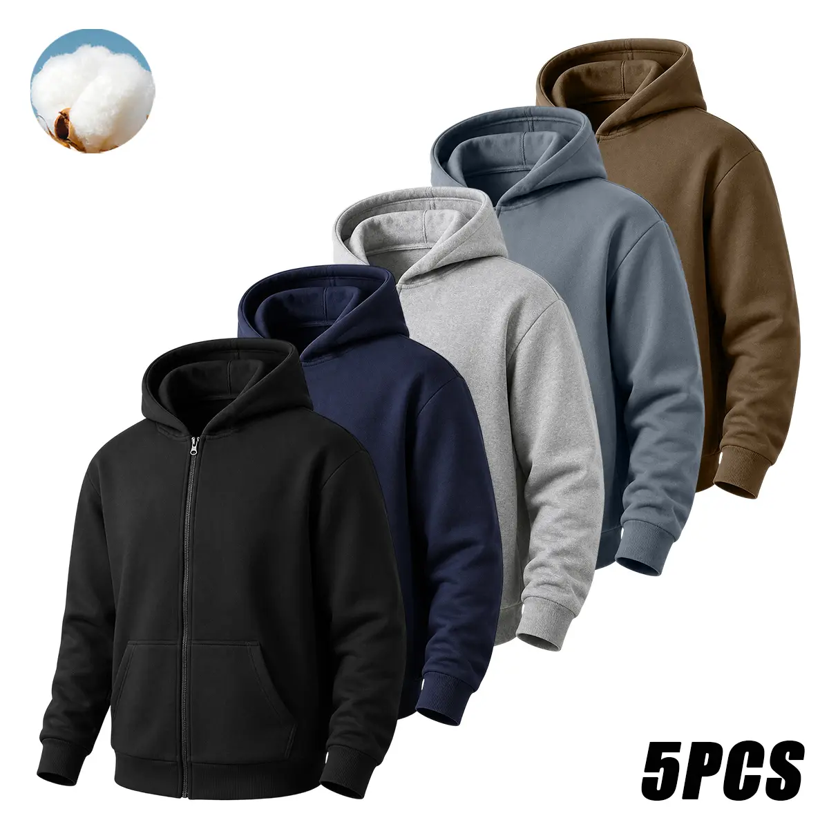 JOGWAVE 5PCS Men's Open-Front Hooded Pullover Sweatshirt - Menswear Tops, Plain Casual American Vintage Street Style, Back-to-School Campus Outfit, Gift for Guys, Trending Everyday Wear