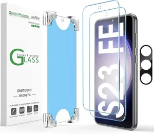 amFilm 2+1 Magnetic OneTouch for Samsung Galaxy S23 FE Screen Protector Tempered Glass 6.4" 2023 + 1 Camera Lens Protector Full Coverage Fingerprint ID Compatible Easy Installation(Reusable)