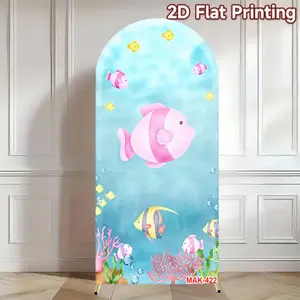 Underwater Cartoon Pink Fish Arch Backdrop Custom 2-Sided Elastic Fabric for Baby Shower Kids Birthday Party Decor Background