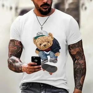 Skateboard bear t-shirt, fun pattern, unisex, men's round neck street style summer and spring, casual, clothing, simple yet trendy, party and outdoor activities, create a unique dressing style, suitable for men, women, moms and friends, couples