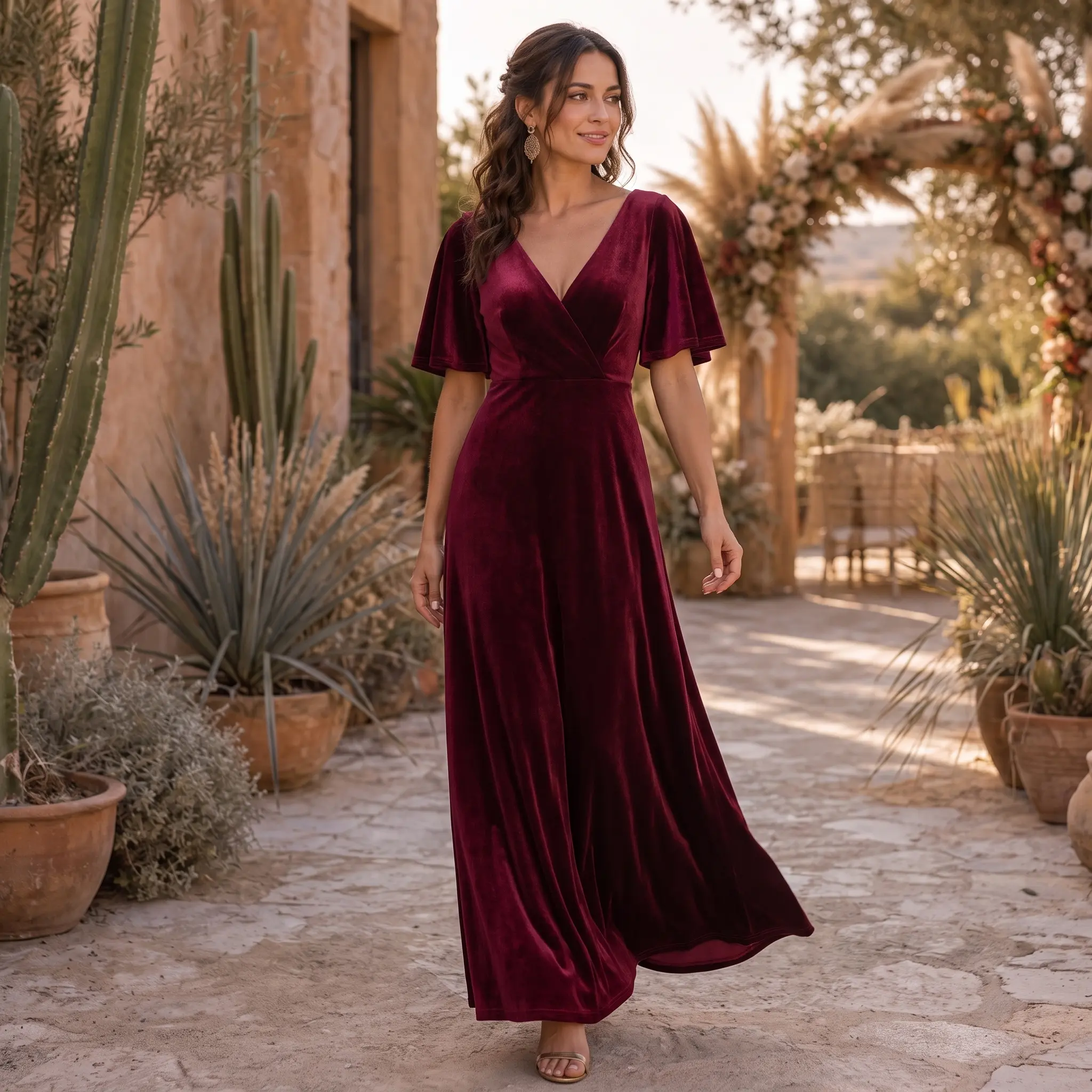 Ever-Pretty Fall dress, Elegant Double V-Neck Velvet Fall Winter Party Dress with Sleeves – Maxi Party Dress 00861
