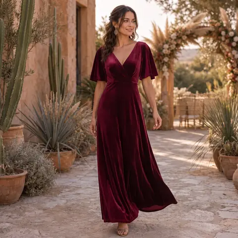 Ever-Pretty Lady's Classic Elegant Classy Flattering Velvet Formal Evening Gown - Double-V Elegance Sleeve, Ruffled Double V-Neck Maxi Fall Winter Party Dress, Hand Wash Only/Dry Clean 00861