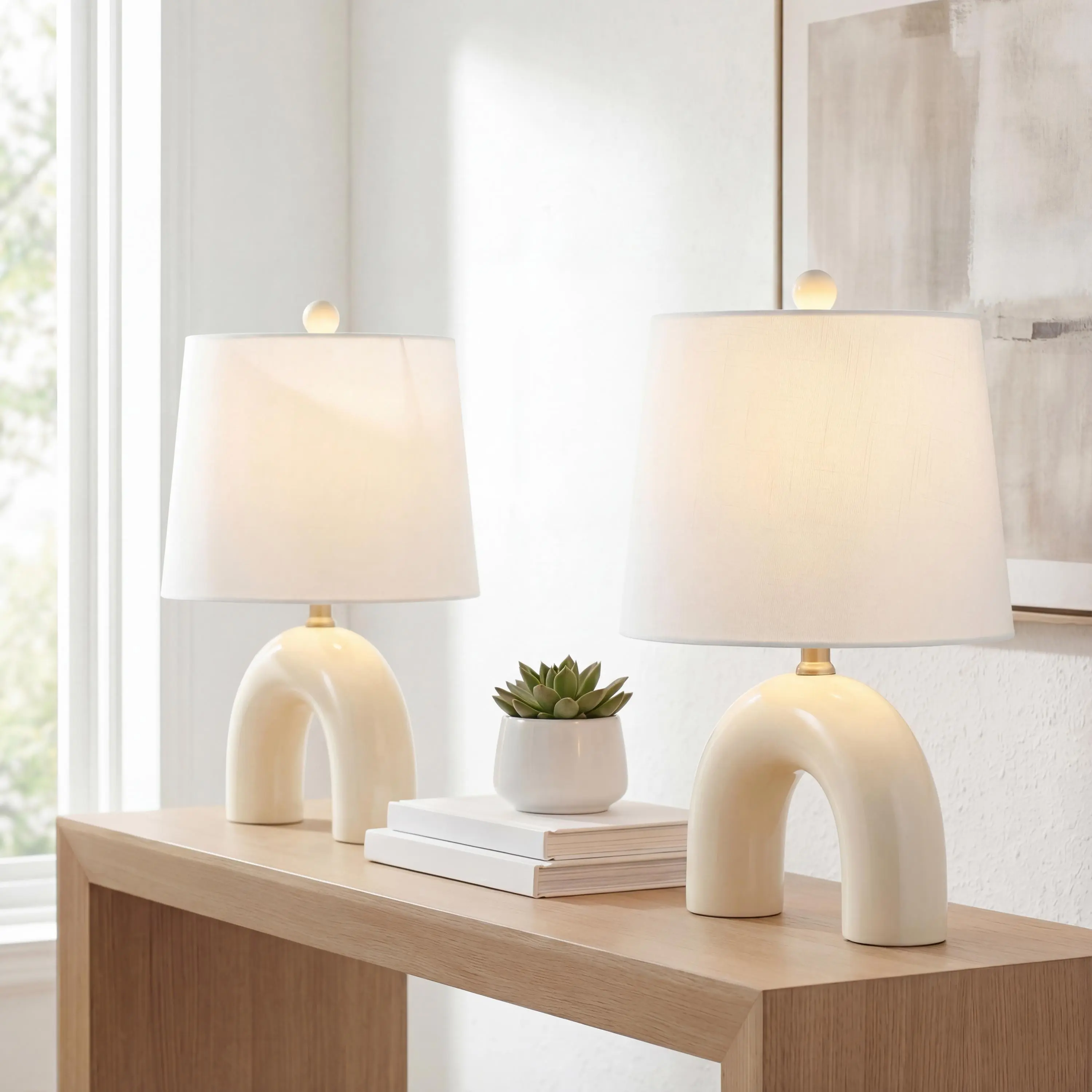 JONATHAN Y Zadie Table Lamp 17.75" Modern Ceramic Arch, Set of 2 | Scandinavian Minimalist Style, White Linen Shade, Bedside Nightstand Light, Chrome Metal Finish, LED Bulbs Included