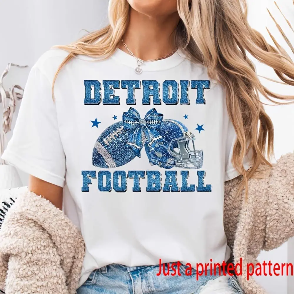 Printed pattern, Detroit Football Glitter Helmet And Ball Print, Women's T-Shirt, NFL Team Spirit Fan Apparel, Casual Game Day Wear