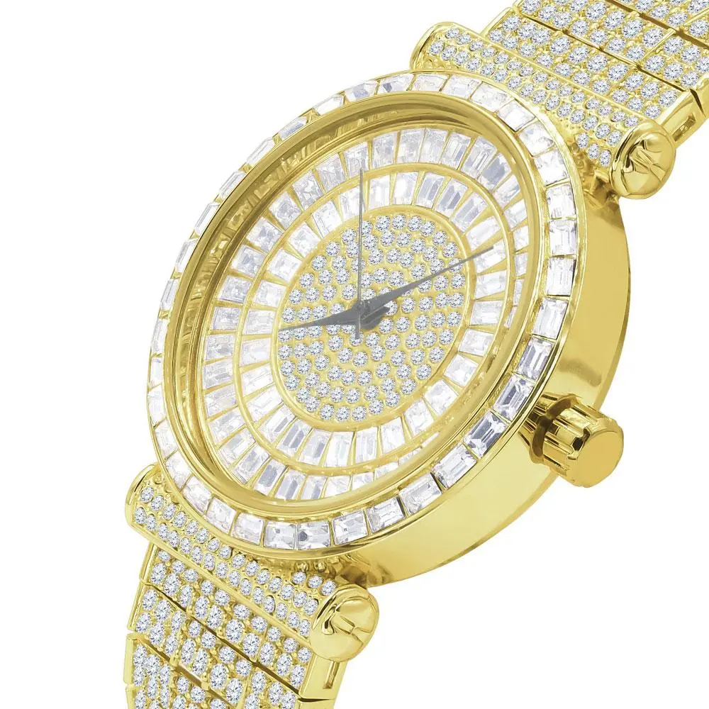 Women's Iced Out Baguette Watch, Stylish High-End Design with a 10-Row VVS Simulated Diamond Band, 43mm Case with Quartz Movement and Date Display, High End Watch, White Gold, Yellow Gold, Glamorous, Stylish Watches