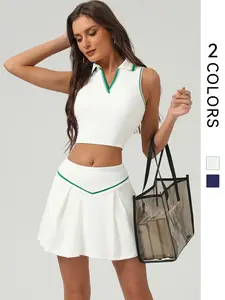 Two-Piece Set Women's Colorblock Tennis Uniform Set, Casual V Neck Sleeveless Tank Top & Built-in Shorts Skirt, Ladies Sportswear for Outdoor Tennis