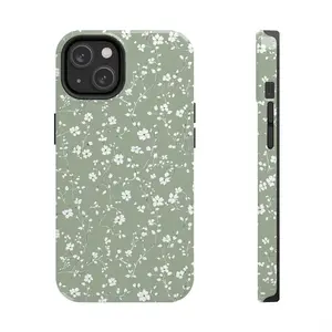 Sage Green Floral, Ditsy White Flower Pattern, Cute & Trend Premium Film 2 in 1 Phone Case - Durable, Shock Absorbing and Stylish Protection - Compatible with iPhone 16, 15, 14, 13, 12, 11, Plus, Pro, Pro Max, Perfect birthday gift for friends.