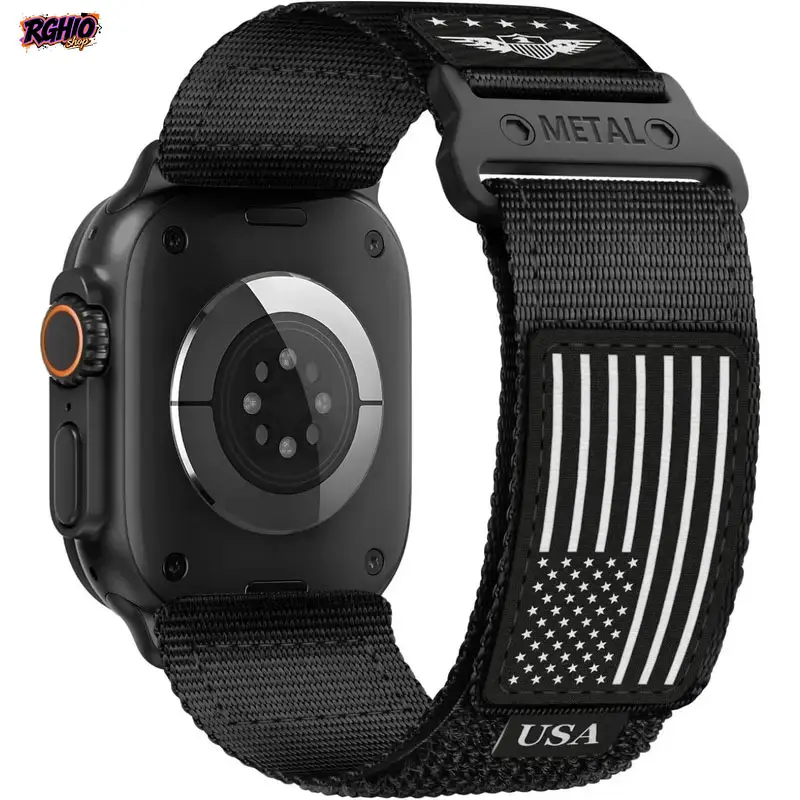 Flag Stars-Stripes Tactical Print Nylon Fabric Smart Watch Replacement Band, Rugged Outdoor Strap for Multi-Size 42-49mm Devices, Men’s Casual Wrist Accessory for Everyday Outfits & Wilderness Trips
