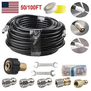 SJPACK Sewer Jetter Nozzles Kit 5800PSI 50FT/100FT Cleaning Hose with 6 Nozzles & Tools for Washers US Black Reinforced Hose Chemically Bonded Polyester Weave